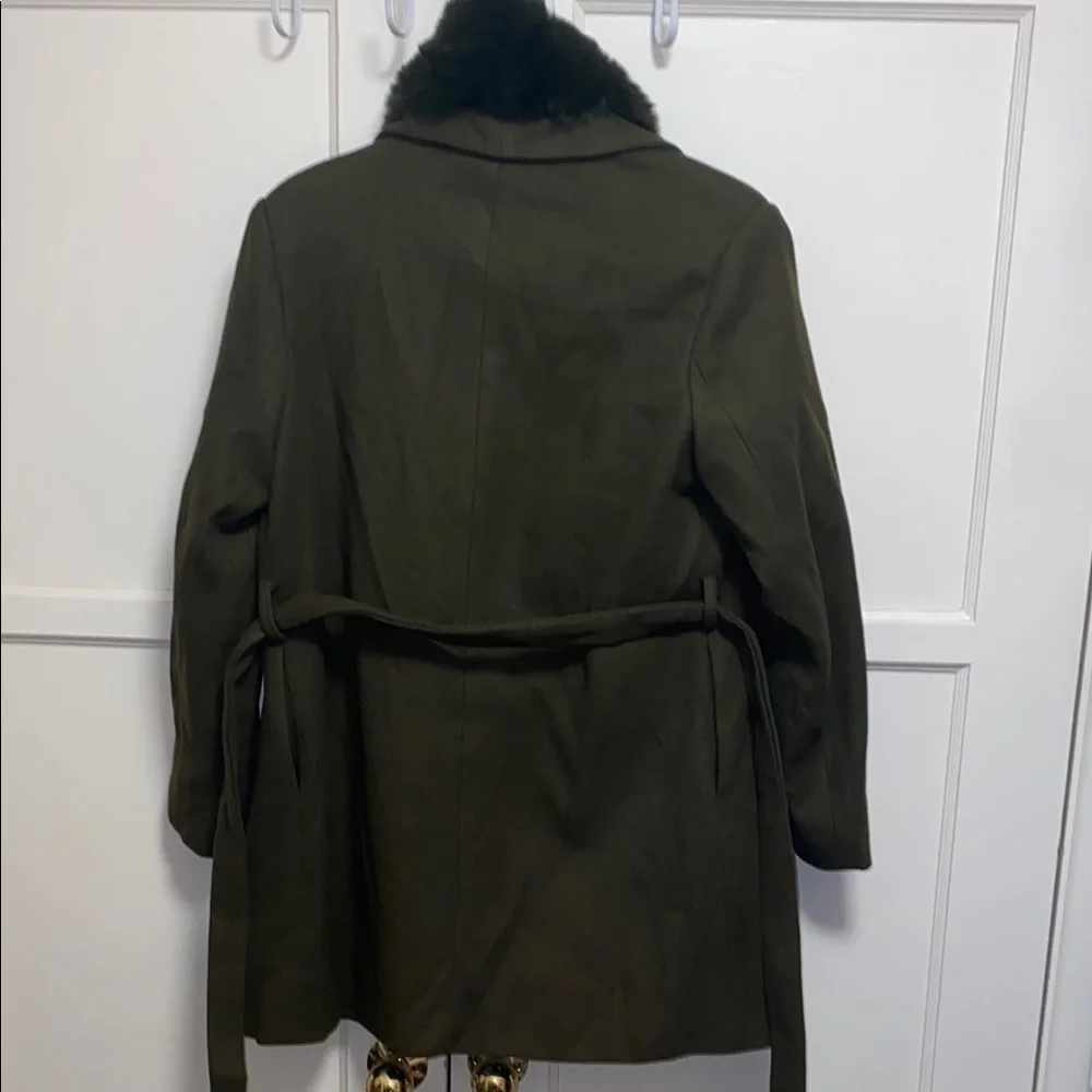 SHEIN LUNE Medium Olive Green Elegant Fuzzy Collar Belted Overcoat - Picture 4 of 12
